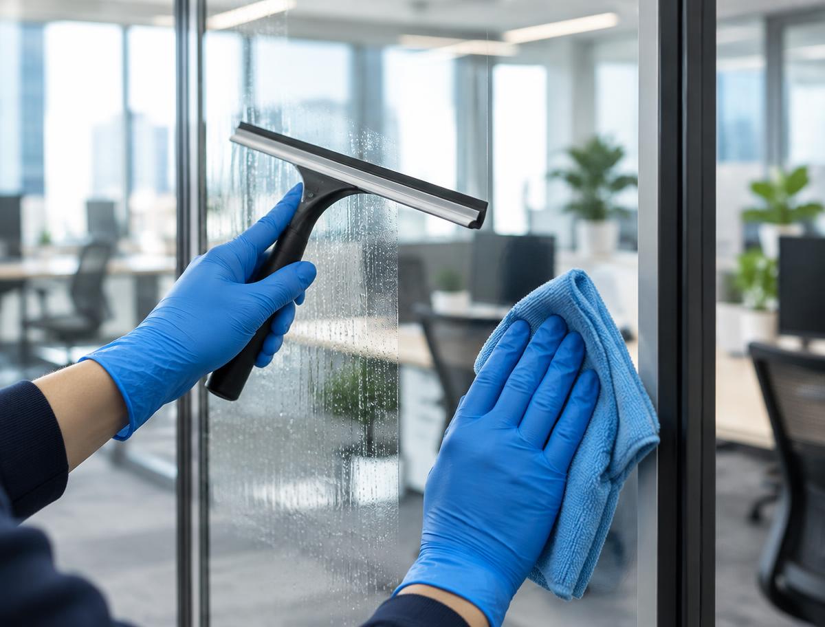Gloved hands cleaning an office glass partition